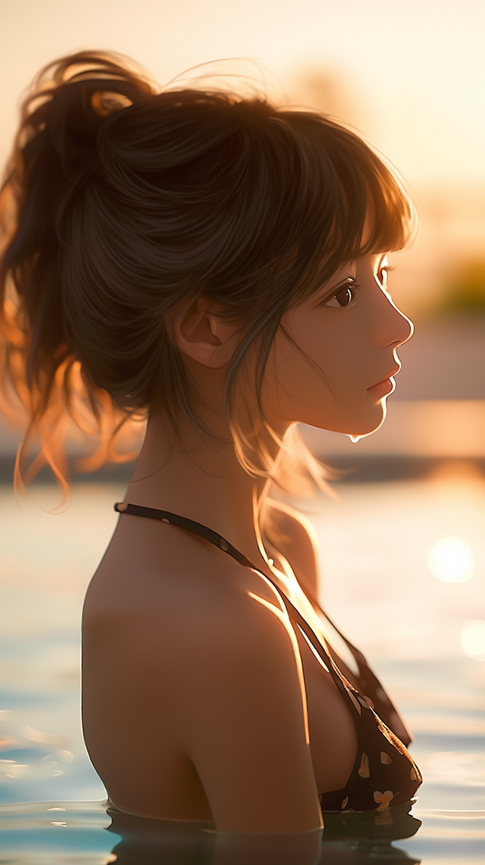 超高解像度版！夕日を浴びてプールの中で遠くを見つめる日本の美しい女性。見る者を感動させる星野アニメのAIモデル美女たち #0020